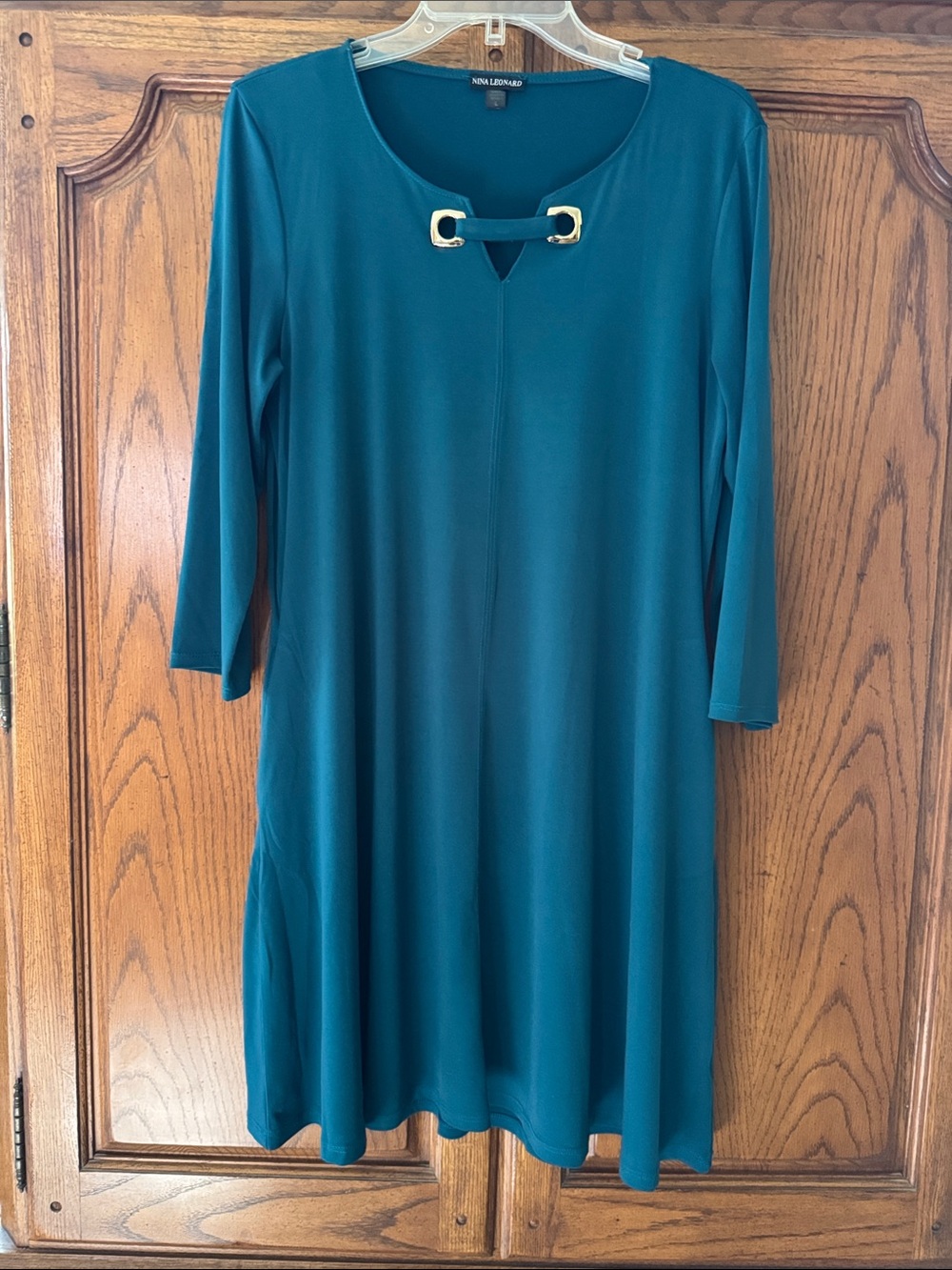 Nina Leonard Teal Dress with Gold Hardware